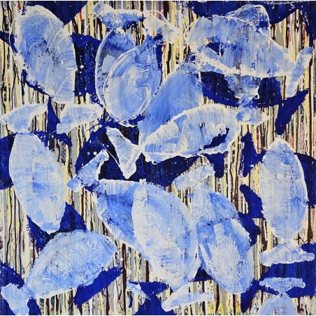 Peinture moderne, tableau contemporain figuratif, acrylique sur toile 100x100cm intitulée: poissons tigres blancs et bleus.