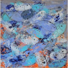 Peinture contemporaine, tableau moderne figuratif, acrylique sur toile 100x100cm intitulée: poissons bleus.