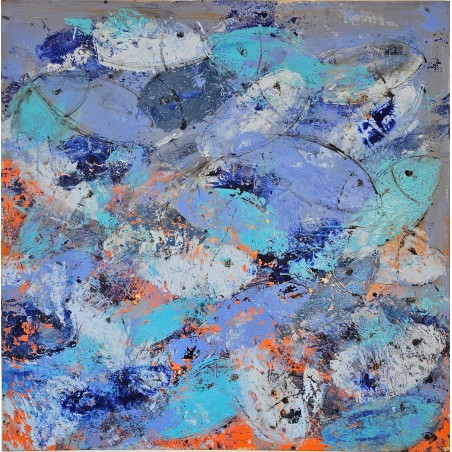 Peinture contemporaine, tableau moderne figuratif, acrylique sur toile 100x100cm intitulée: poissons bleus.
