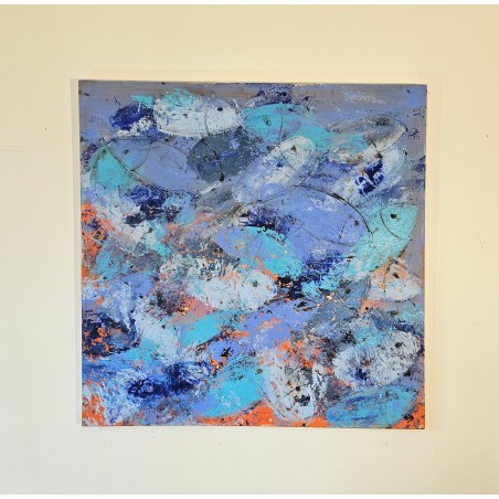 Peinture contemporaine, tableau moderne figuratif, acrylique sur toile 100x100cm intitulée: poissons bleus.