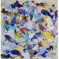Peinture contemporaine, tableau moderne figuratif, acrylique sur toile 100x100cm intitulée: poissons bleus et jaunes.