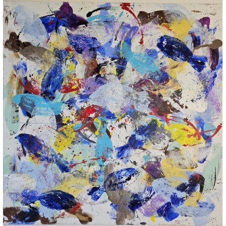Peinture contemporaine, tableau moderne figuratif, acrylique sur toile 100x100cm intitulée: poissons bleus et jaunes.