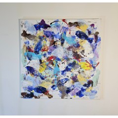 Peinture contemporaine, tableau moderne figuratif, acrylique sur toile 100x100cm intitulée: poissons bleus et jaunes.