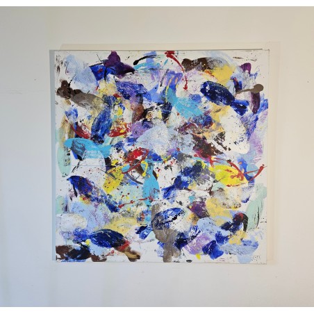 Peinture contemporaine, tableau moderne figuratif, acrylique sur toile 100x100cm intitulée: poissons bleus et jaunes.