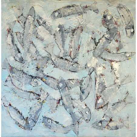 Tableau contemporain, peinture moderne figurative, acrylique sur toile 100x100cm intitulée: poissons gris et bleus.