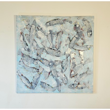 Tableau contemporain, peinture moderne figurative, acrylique sur toile 100x100cm intitulée: poissons gris et bleus.