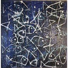 Peinture moderne, tableau contemporain figuratif, acrylique sur toile 100x100cm intitulée: poissons blancs
