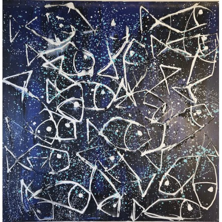 Peinture moderne, tableau contemporain figuratif, acrylique sur toile 100x100cm intitulée: poissons blancs