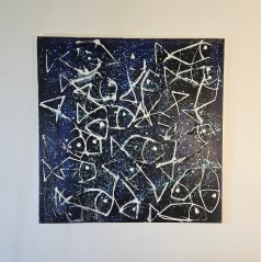 Peinture moderne, tableau contemporain figuratif, acrylique sur toile 100x100cm intitulée: poissons blancs