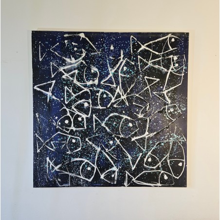 Peinture moderne, tableau contemporain figuratif, acrylique sur toile 100x100cm intitulée: poissons blancs