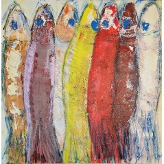 Peinture contemporaine, tableau moderne figuratif, acrylique sur toile 100x100cm: sardines 1