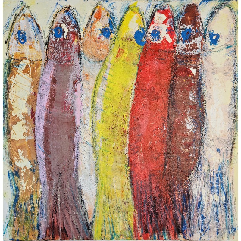 Peinture contemporaine, tableau moderne figuratif, acrylique sur toile 100x100cm: sardines 1