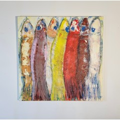 Peinture contemporaine, tableau moderne figuratif, acrylique sur toile 100x100cm: sardines 1