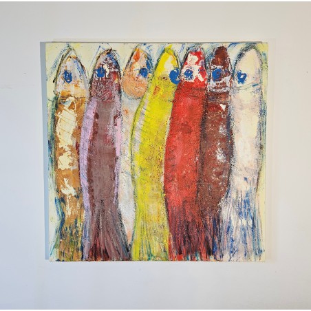Peinture contemporaine, tableau moderne figuratif, acrylique sur toile 100x100cm: sardines 1