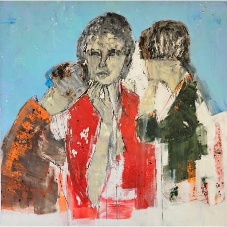 Peinture contemporaine, tableau moderne figuratif, acrylique sur toile 100x100cm intitulée: femme aux enfants.