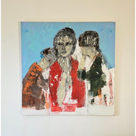 Peinture contemporaine, tableau moderne figuratif, acrylique sur toile 100x100cm intitulée: femme aux enfants.