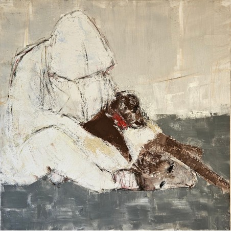 Peinture contemporaine, tableau moderne figuratif, acrylique sur toile 100x100cm intitulée: Hommes aux chiens.