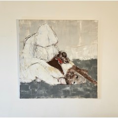 Peinture contemporaine, tableau moderne figuratif, acrylique sur toile 100x100cm intitulée: Hommes aux chiens.