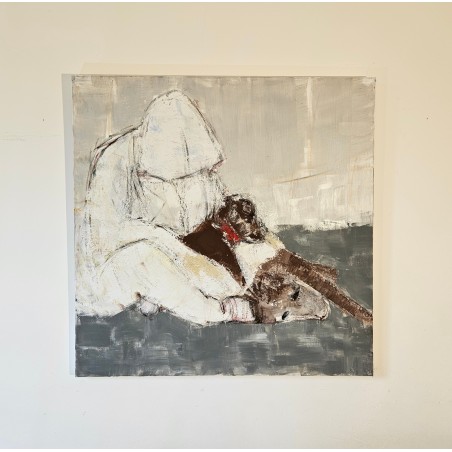 Peinture contemporaine, tableau moderne figuratif, acrylique sur toile 100x100cm intitulée: Hommes aux chiens.
