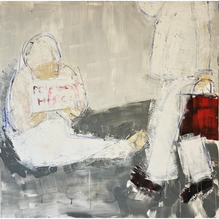 Tableau moderne, peinture contemporaine figurative, acrylique sur toile 100x100cm intitulée: Le sac rouge.