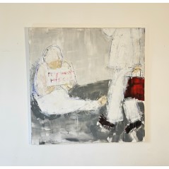 Tableau moderne, peinture contemporaine figurative, acrylique sur toile 100x100cm intitulée: Le sac rouge.
