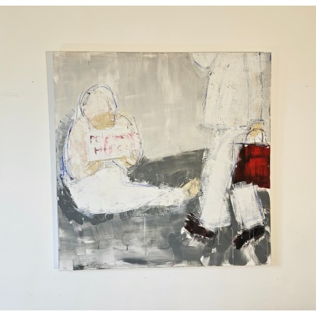 Tableau moderne, peinture contemporaine figurative, acrylique sur toile 100x100cm intitulée: Le sac rouge.