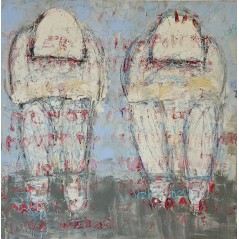 Peinture moderne, tableau contemporain figuratif, acrylique sur toile 100x100cm intitulée: Hommes assis.