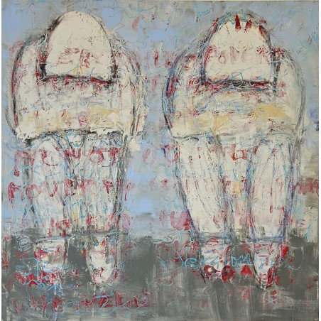 Peinture moderne, tableau contemporain figuratif, acrylique sur toile 100x100cm intitulée: Hommes assis.