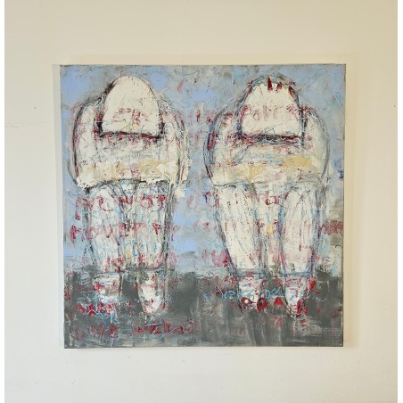 Peinture moderne, tableau contemporain figuratif, acrylique sur toile 100x100cm intitulée: Hommes assis.