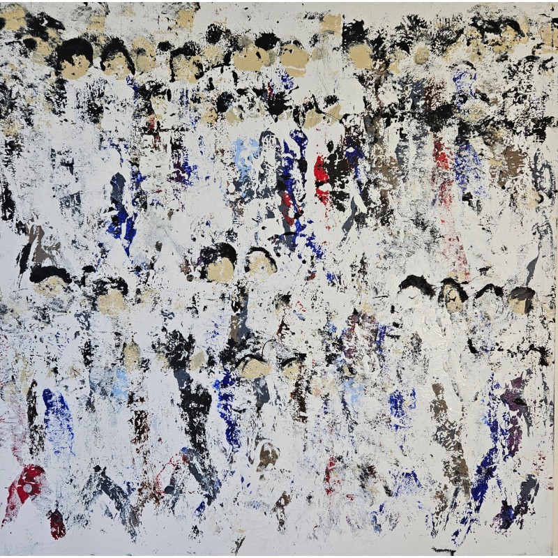 Peinture contemporaine, tableau moderne figuratif, acrylique sur toile 100x100cm représentant une foule blanche