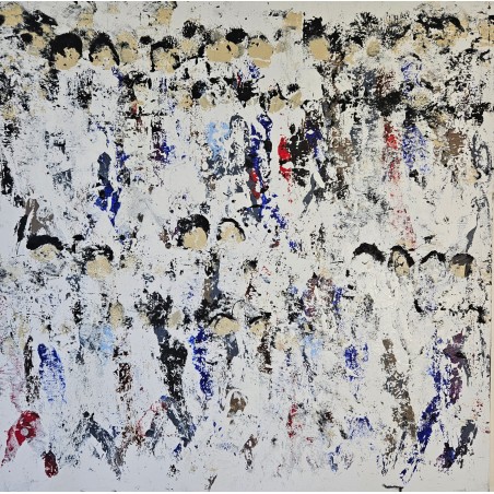 Peinture contemporaine, tableau moderne figuratif, acrylique sur toile 100x100cm représentant une foule blanche