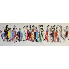 Peinture moderne, tableau contemporain figuratif, acrylique sur toile 150x50cm représentant des hommes qui marchent en couleur