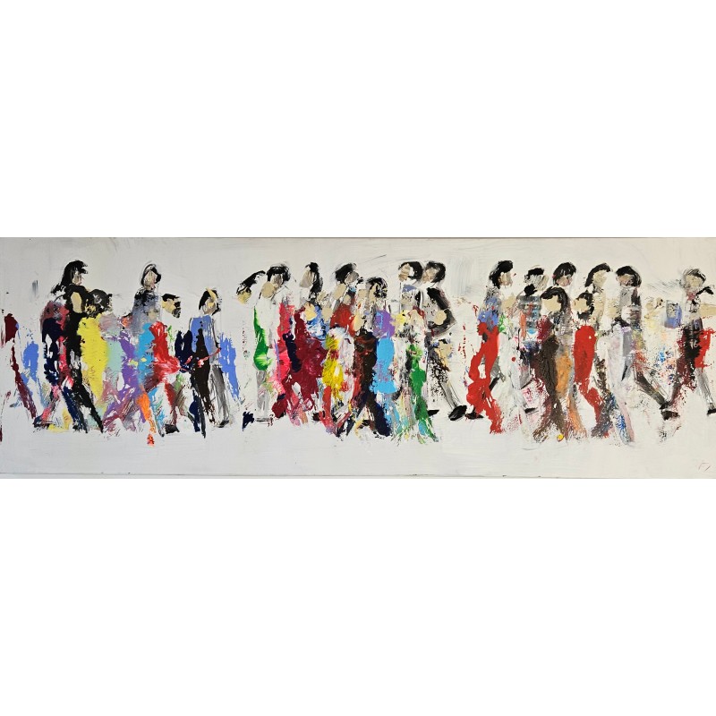 Peinture moderne, tableau contemporain figuratif, acrylique sur toile 150x50cm représentant des hommes qui marchent en couleur Peinture moderne, tableau contemporain figuratif, acrylique sur toile 150x50cm représentant des hommes qui marchent en couleur