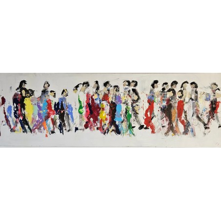 Peinture moderne, tableau contemporain figuratif, acrylique sur toile 150x50cm représentant des hommes qui marchent en couleur