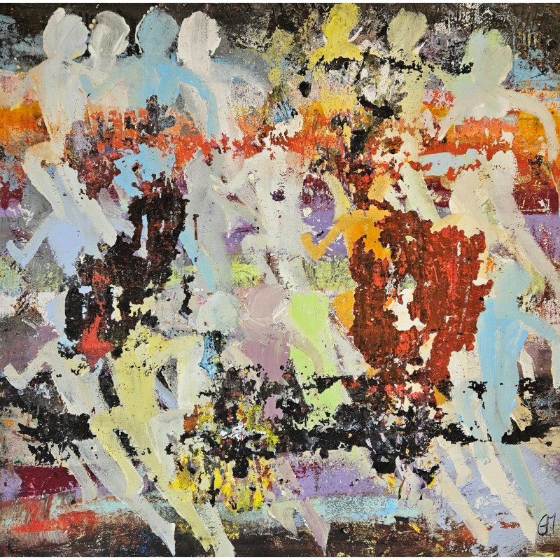 Tableau moderne, peinture contemporaine figurative, acrylique sur toile 100x100cm intitulée: enfants qui courent 1.