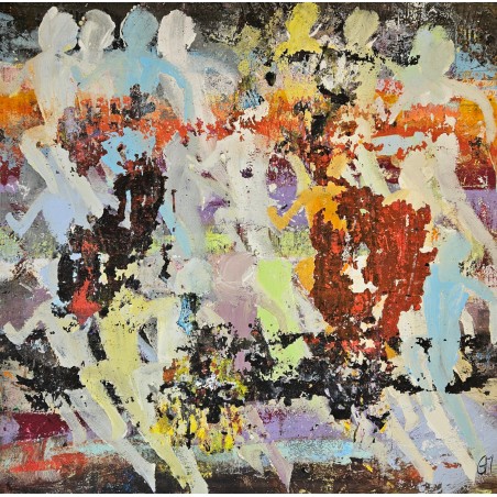Tableau moderne, peinture contemporaine figurative, acrylique sur toile 100x100cm intitulée: enfants qui courent 1.