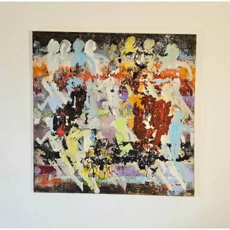 Tableau moderne, peinture contemporaine figurative, acrylique sur toile 100x100cm intitulée: enfants qui courent 1.
