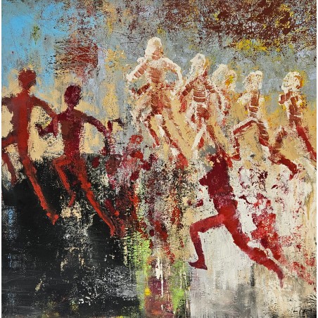 Peinture contemporaine, tableau moderne figuratif, acrylique sur toile 100x100cm intitulée: enfants qui courent 4.