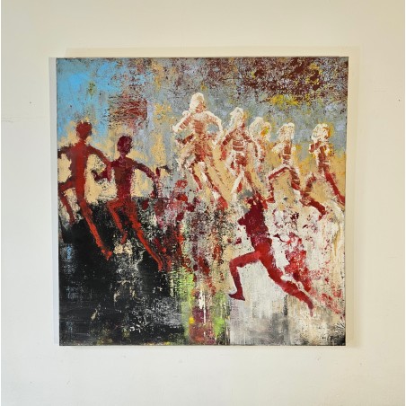 Peinture contemporaine, tableau moderne figuratif, acrylique sur toile 100x100cm intitulée: enfants qui courent 4.