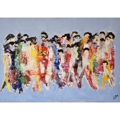Peinture moderne, acrylique sur toile 90x65cm hommes qui marchent sur fond bleu