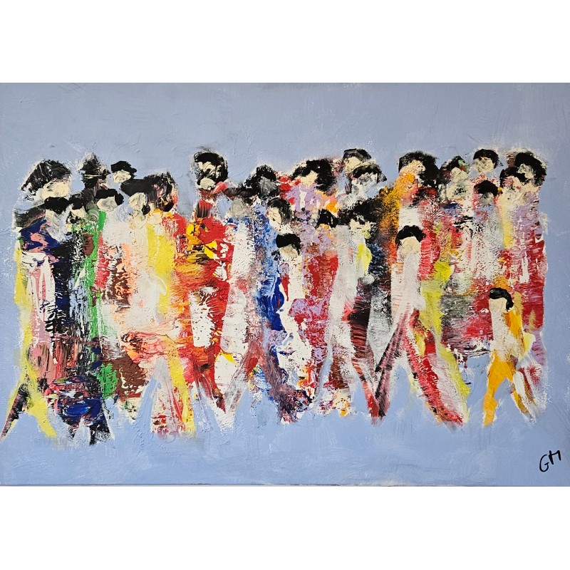 Peinture moderne, acrylique sur toile 90x65cm hommes qui marchent sur fond bleu Peinture moderne, acrylique sur toile 90x65cm hommes qui marchent sur fond bleu