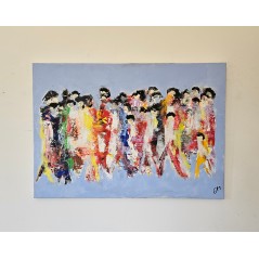 Peinture moderne, acrylique sur toile 90x65cm hommes qui marchent sur fond bleu