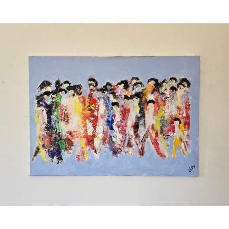 Peinture moderne, acrylique sur toile 90x65cm hommes qui marchent sur fond bleu