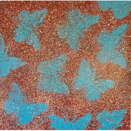 Peinture contemporaine, tableau moderne figuratif, acrylique sur toile 100x100cm intitulée: papillons bleus sur fond rouge.