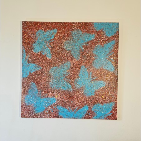 Peinture contemporaine, tableau moderne figuratif, acrylique sur toile 100x100cm intitulée: papillons bleus sur fond rouge.