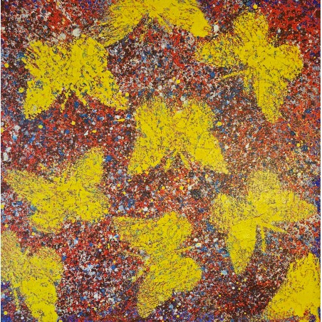 Peinture moderne figurative, acrylique sur toile 100x100cm papillons jaunes