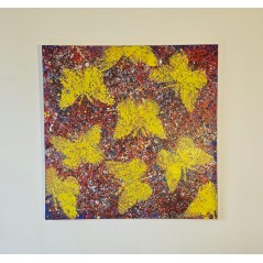 Peinture moderne figurative, acrylique sur toile 100x100cm papillons jaunes