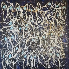 Tableau contemporain figuratif, acrylique sur toile 100x100cm papillons blancs et bleus.
