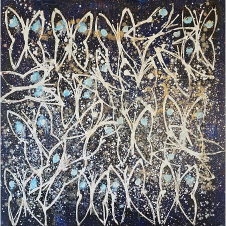 Tableau contemporain figuratif, acrylique sur toile 100x100cm papillons blancs et bleus.