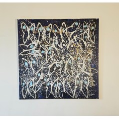 Tableau contemporain figuratif, acrylique sur toile 100x100cm papillons blancs et bleus.